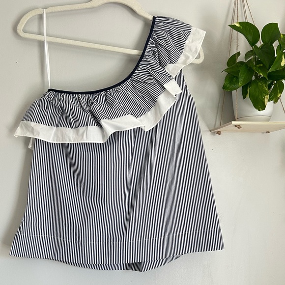🩷NWT J CREW ONE SHOULDER BLUE WHITE STRIPE RUFFLE TANK TOP TRENDING - Picture 2 of 8